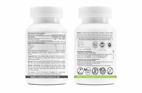 SAFETIME FUNCTIONAL NUTRITION Magtein Magnesium L Threonate Cognitive Function & Brain Health Support (30 Veg. Capsules) (Pack of 1)