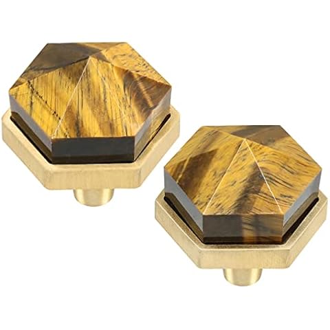 SUNYIK Pack of 2 Hexagonal Tiger's Eye Cabinet Knobs with Screws, Faceted Stone Crystal Drawer Knobs Pulls Handle for Cupboard Kitchen Wardrobe Door Decor Cover