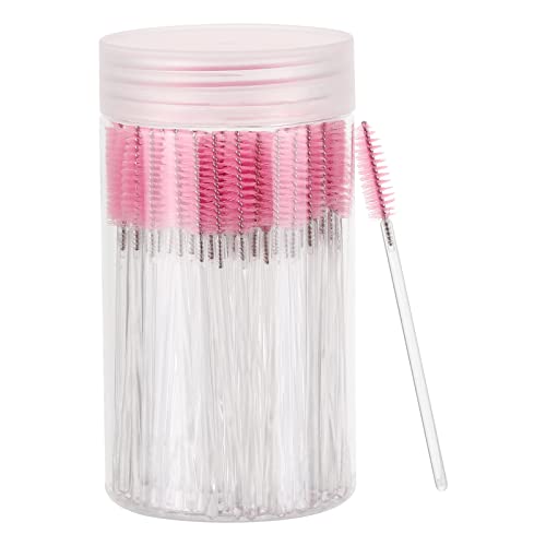100 Pcs Disposable Mascara Wands, Crystal Eyebrow Spoolies Brush for Eyelash Extensions, Makeup Applicators Kits Eyelash Brush with Container (Pink)