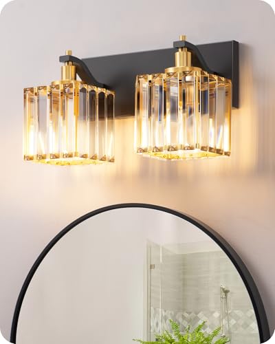EDISHINE 2-Light Black Gold Bathroom Vanity Light, Crystal Wall Sconce, E26