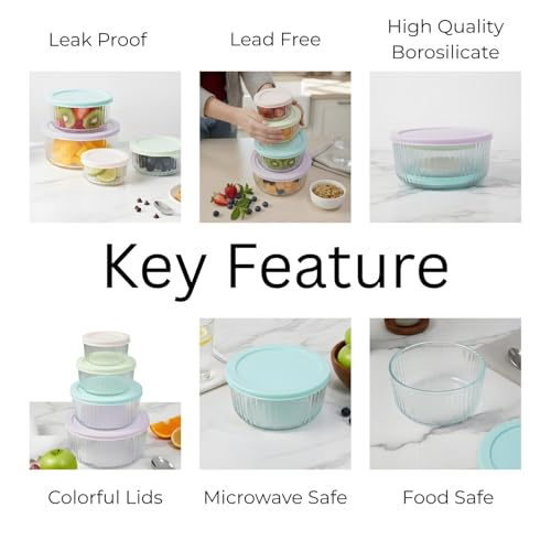 Image of Femora Borosilicate Glass Round Food Storage Containers with Airtight Lids Set of 4 (230ml, 460ml, 950ml, 1650ml) | Multicolour | Microwave, Oven & Dishwasher Safe | Leakproof Meal Prep Containers