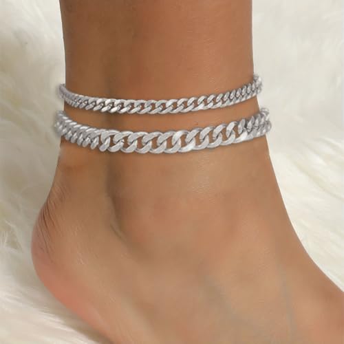 Image of Silver Ankle Bracelets for Women Waterproof Stainless Steel Anklet Adjustable Layered Cuban Silver Anklets Set Summer Beach Foot Jewelry Gift