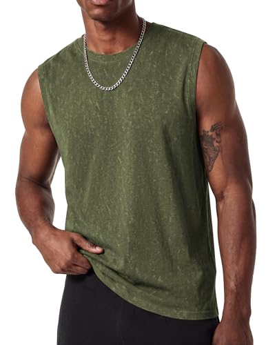COOFANDY Mens Cotton Casual Tank Tops Summer Beach Tank Breathable Muscle Sleeveless Shirt Washed Tees Army Green