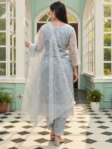 Image of INDO ERA Women's Organza Floral Embroidered Straight Kurta & Pant with Dupatta Set (IEAI10677)