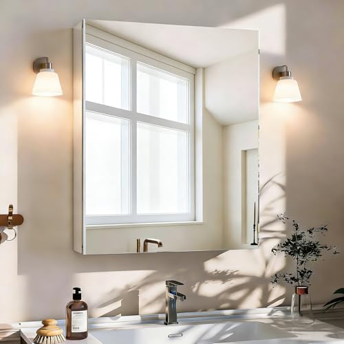 Botiquín para baño BEAUTYPEAK de 20" x 24" con espejo y almacenamiento | Botiquín plateado con puerta única y estantes ajustables para vanidad, vidrio templado, superficie de aluminio, montaje en pared o empotrado miniatura 1