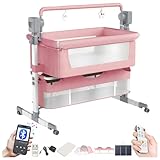 Suttonbebe Electric Bluetooth Smart Baby Bedside Crib, Bassinet for Co-Sleeping, Infant Bedside Sleeper Cot, Convertible Foldable Baby Crib with Remote Control, Music and 5 Swaying Gears (601 Pink)