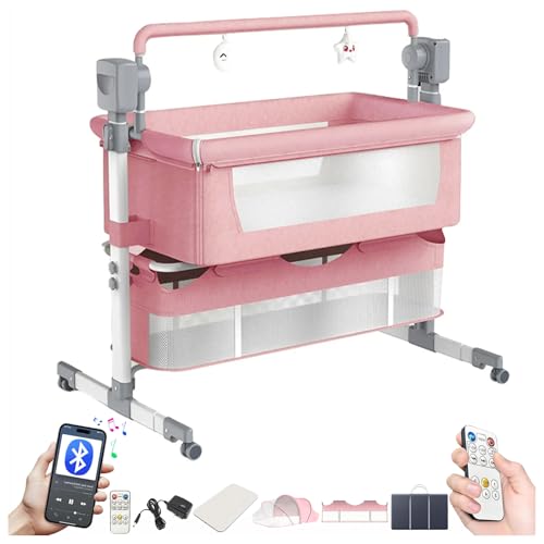 MoLi Baby Bedside Crib Multifunctional Bassinet for Co-Sleeping Convertible Bedside Cot Foldable Infant Bedside Sleeper Toddler Cradle with Bluetooth Music 5 Swaying Gears Remote Control (601 Pink)