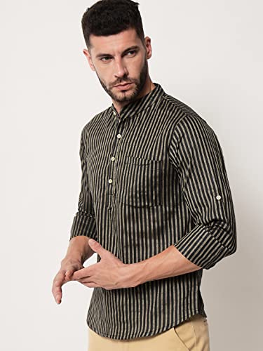 Image of Vastraa Fusion Men's Handloom Weaving Pure Cotton Short Kurta, Round Collar, Full Sleeves,Button Kurta, Ethnic Wear