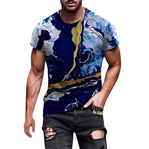 Camisa básica de trabajo para hombre, cuello redondo, informal, manga corta, moderna, estampada, vintage, de corte regular, para fitness, entrenamiento, deporte o gimnasio, A azul., XXXL