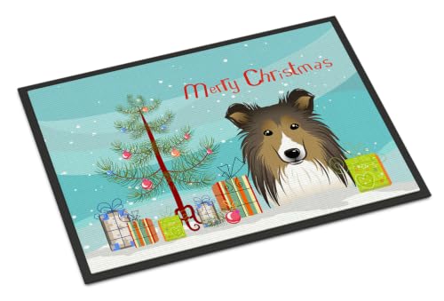 Caroline's Treasures BB1614JMAT Christmas Tree and Sheltie Doormat 24x36 Front Door Mat Indoor Outdoor Rugs for Entryway, Non Slip Washable Low Pile, 24H X 36W