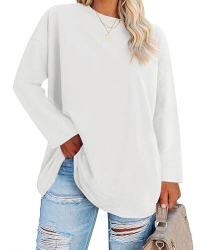 Fisoew Mujer Tallas Grandes Tops Manga Larga Tallas Grandes Camisetas Cuello Redondo Tops Oversize, Blanco, 4XL Grande