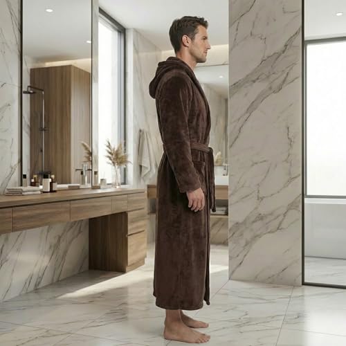 Image of FashGudim Mens Robes Big and Tall with Hood Two-Tone Flannel Fleece Contrast Bathrobe Full Length Plush Long Robe House Coat