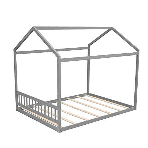 Queen House Bed Wood Montessori Floor Beds For Kids Wood Cabin/Tent/Canopy Bed Frame For Girls Boys Teens Adults, Queen Size, Gray #TOP3