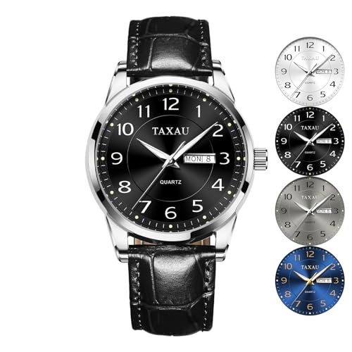 Taxau Men Leather Watch Dress Watches for Men Black Band Waterproof Mens Watch Analog Quartz Men's Wrist Watch with Date Day, Arabic Number, Water Resistant Luminous Large Face