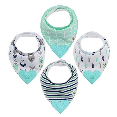 Image of Pickle & Olive Baby Bandana Teething Bibs with Attached Silicone Teether, Set Of 4 - Blue Deer