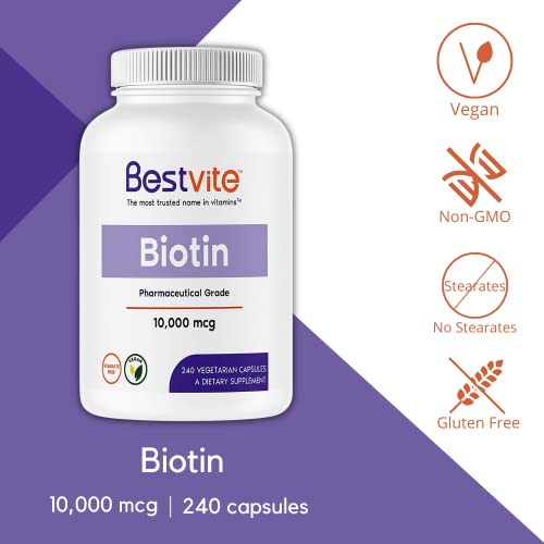 Bestvite Biotin 10,000Mcg (240 Vegetarian Capsules) - No Stearates - No Dicalcium Phosphate - No Artificial Sweeteners - No Flavors - No Flow Agents - Vegan - Non Gmo - Gluten Free #TOP2