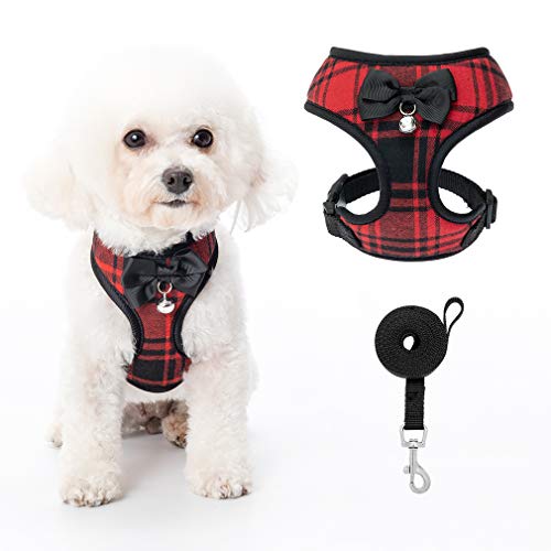 PUPTECK Small Dog Harness and Leash Set, Soft A-line Chest Strap with Bowite Bell, No Pull Dog Harness for Small Dogs Cats Puppies (XS(Neck 9 ,Chest 11-15 ), Red)