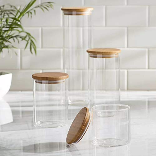 Set Of 5 Glass Kitchen Canisters With Airtight Bamboo Lid - Glass Storage Jars For Pantry Organization And Bathroom For Flour, Coffee, Cookie Jar, Candy, Snack, Pasta, Rice, Sugar Packet Holder #TOP3