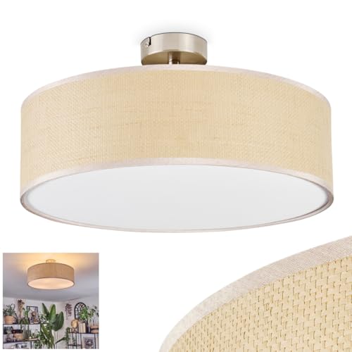 HOFSTEIN Deckenleuchte Foggia, Deckenlampe aus Metall/Papiergeflecht/Stoff/Kunststoff in Nickel-matt/Natur/Beige/Weiß, runde Boho Leuchte (Ø 40 cm), E27, Esszimmer, Wohnzimmer, Schlafzimmer, Küche