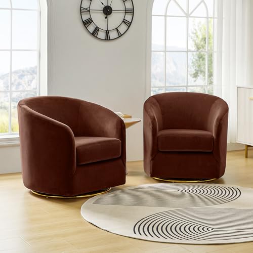 Image of HULALA HOME Swivel Accent Chair with Gold Metal Base, Set of 2 Contemporary Velvet Curved Swivel Barrel Chair, Upholstered Club Armchair, Leisure Single Sofa for Living Room, Bedroom(Burn-Brick)