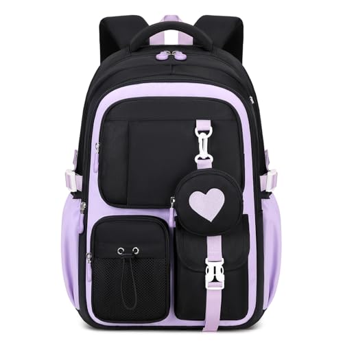 Image of QIXIHU School Bag for Girls, Cute Aesthetic Kids Backpack for Primary School, Large Casual Rucksack Travel Bookbag with Heart Coin Purse