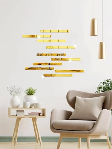 Image of Bikri Kendra - Strip Designed Rectangle Shape Mirror Stickers for Wall, Acrylic Mirror Wall Decor Sticker, Wall Stickers for Hall Room (Gold Strip, 50)