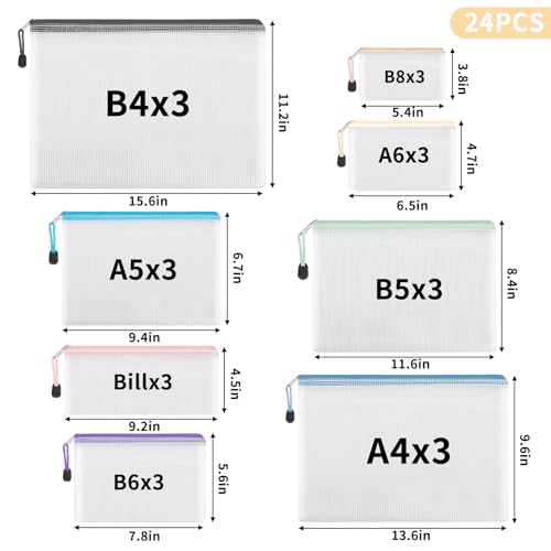 Image of EOOUT 24pcs Mesh Zipper Pouch, Waterproof Zipper Bags, 8 Sizes Plastic Travel Pouch, 8 Colors, Multipurpose for Office Supplies and Travel Storage