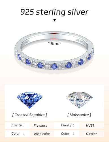 Moissanite Sterling Silver Rings for Women, Blue Sapphire Half Eternity Lab-Created Stackable Thin Band for Birthday Valentines Anniversary Mothers Day Ideal Jewelry Gift for Her(Created Sapphire, 8) — view 3