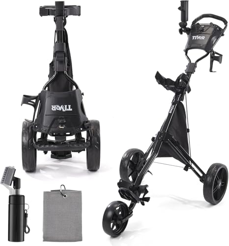 Tivor 3 Wheel Golf Push Cart With Quad-Fold Frame And Cleaning Kit, New-Black