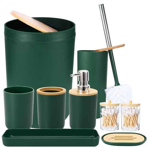 iMucci Bathroom Accessories Bathroom Set with Trash Can Toothbrush Holder Soap Dispenser Soap and Lotion Set Tumbler Cup(9Pcs Dark Green Wood Cover)