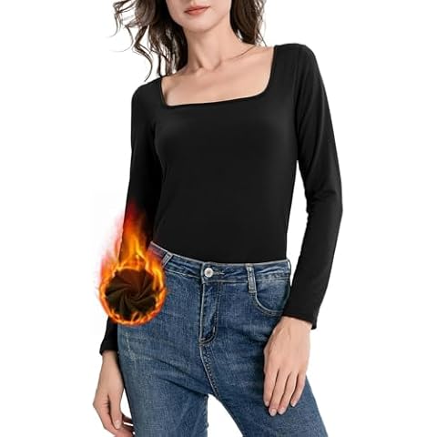 MOSCOAL Thermal Tops for Women Fleece Lined Shirt Square Neck Long Sleeve Fitted Tops Thermal Base Layer Black X-Small Cover