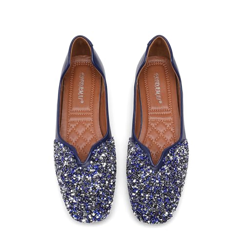 Women Rhinestone Flats Silver,Square Toe Bling Glitter Dressy Casual Bridal Wedding Sparkly Comfortable Shoe