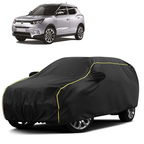 Image of Sulfar 100% Water Resistant Car Body Cover Compatible with Mirror for SsangYong Tivoli (Triple Stitched, Full Bottom Elastic, Black Taffeta with Yellow Piping)