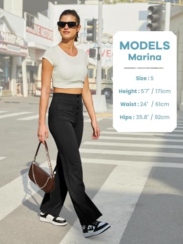 Glacspyg Weite Hose Damen Hohe Taille Sporthose Knopf Gerade Hosen mit Taschen Elastische Freizeithose Schwarz M