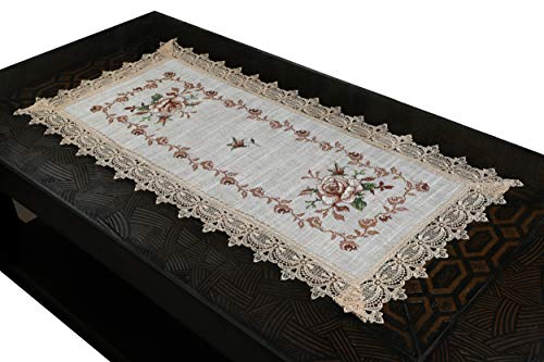 Image of MONKDECOR (O.F) Cut Work Cross-Stitch Embroidery Centre Table Runner (Size-16x33 Inches)- Gold & Brown Color