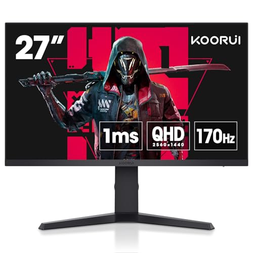 KOORUI Monitor, 27″ QHD IPS Gaming Monitor, 170Hz, 1ms, HDR400, Compatibility G-Sync and FreeSync, Tilt Pivot Swivel Vertical Height Adjustable，2 HDMI 2.0 & 1 DisplayPor 1.2, 27E3Q, Black