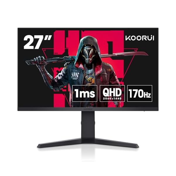 KOORUI Monitor, 27″ QHD IPS Gaming Monitor, 170Hz, 1ms, HDR400, Compatibility G-Sync and FreeSync, Tilt Pivot Swivel Vertical Height Adjustable，2 HDMI 2.0 & 1 DisplayPor 1.2, 27E3Q, Black