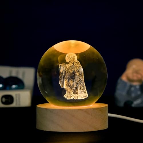 Image of 3D Crystal Radha Krishna Lamp LED Light Base with Laser Engraved Divine Idol in Glass Spiritual Night Light for Home, Temple, Office Hindu God Gift for Pooja, Festivals & Decor