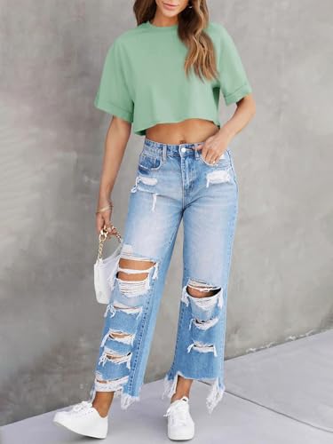 Image of Tankaneo Women Crop T-Shirts Half Sleeve Drop Shoulder Cropped Tops Y2K Casual Summer Basic Tees