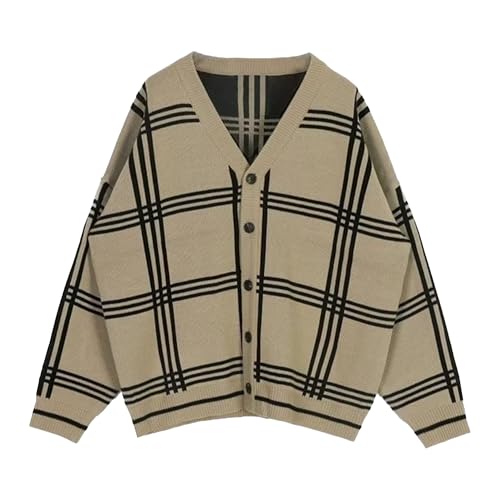 Mens Vintage Striped Knitted Sweaters V-Neck Long Sleeve Button Cardigans Loose Lazy Plaid Open Sweater