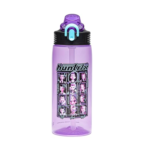 Zak Designs KPop Demon Hunters Sage Water Bottle For School or Travel 25oz Durable Plastic Water Bottle With Straw Handle and Leak-Proof Pop-Up Spout Cover BPA Free (Huntrix Purple)