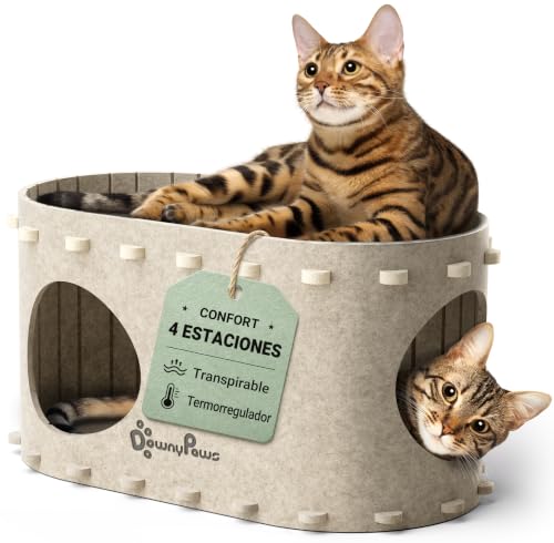 DownyPaws Cama Gato de Fieltro, Cama Gatos Cueva 2 en 1 para Descansar y Jugar, Casitas para Gatos, Robustas y Resistentes a los Arañazos, Fácil de Limpiar y Montar, Beige