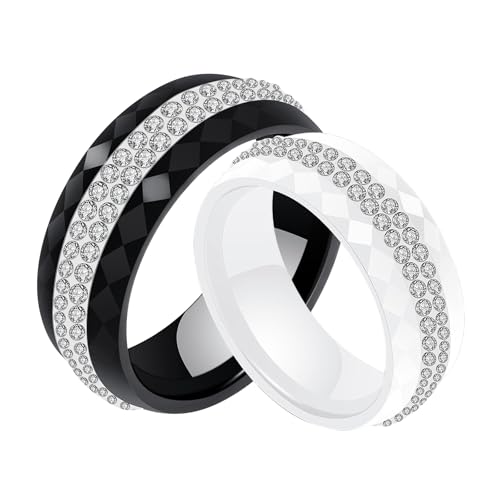 AMDXD Bijoux Bagues en Céramique 8mm, Alliances Zircone Pavé Élégantes Polies Mariage Bague de Mariage Bague de Fiançailles, Noir/Blanc, Taille 52-62,...