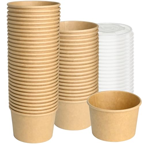 ESSENTIAL Paper Ice Cream Cups with Lids, 50pcs 8oz Disposable Dessert Bowls with Lids for Hot or Cold Food, Paper Snack Containers for Sundae, Frozen Yogurt, Soup (Brown)