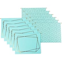 BLU MONACO | Decorative Hanging File Folders Letter Size 12 Pack | Aqua Plastic Hanging File Folders with Gold Foil | Hanging Legal File Folders with Tabs and Dividers
