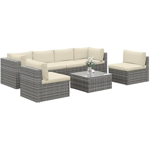 SUNVIVI OUTDOOR 7 Piece Patio Furniture Sets All Weather Gery PE Wicker Couch Sofa with Glass Table, Removable Beige Cushions, Brown Rattan Cover