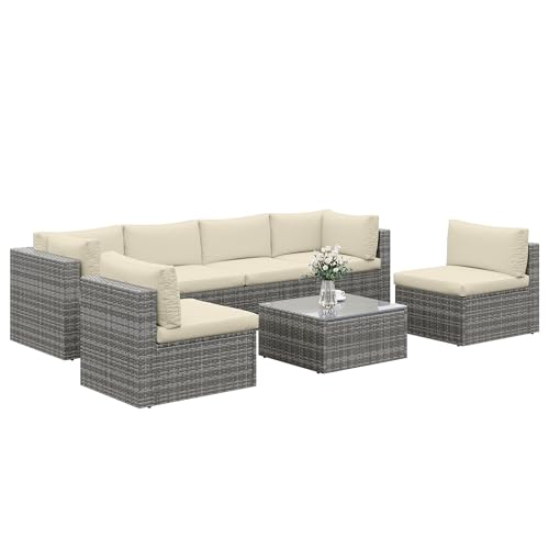 SUNVIVI OUTDOOR 7 Piece Patio Furniture Sets All Weather Gery PE Wicker Couch Sofa with Glass Table, Removable Beige Cushions, Brown Rattan