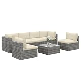 FansaFurn 7-Piece Modular Patio Furniture Set, Wicker Outdoor Sectional Sofa with Cushions and Coffee Table, All Weather Patio Conversation Sets for Porch Balcony Backyard, Beige