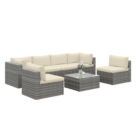 SUNVIVI OUTDOOR 7 Piece Patio Furniture Sets All Weather Gery PE Wicker Couch Sofa with Glass Table, Removable Beige Cushions, Brown Rattan