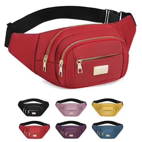 ADUDVLO Bumbags for Ladies Women Men Lightweight Adjustable Bum Bag Fanny Pack with 4 Zipper Pockets,Fashionable Waist Pack for Travel, Running, Hiking, Cycling (red)